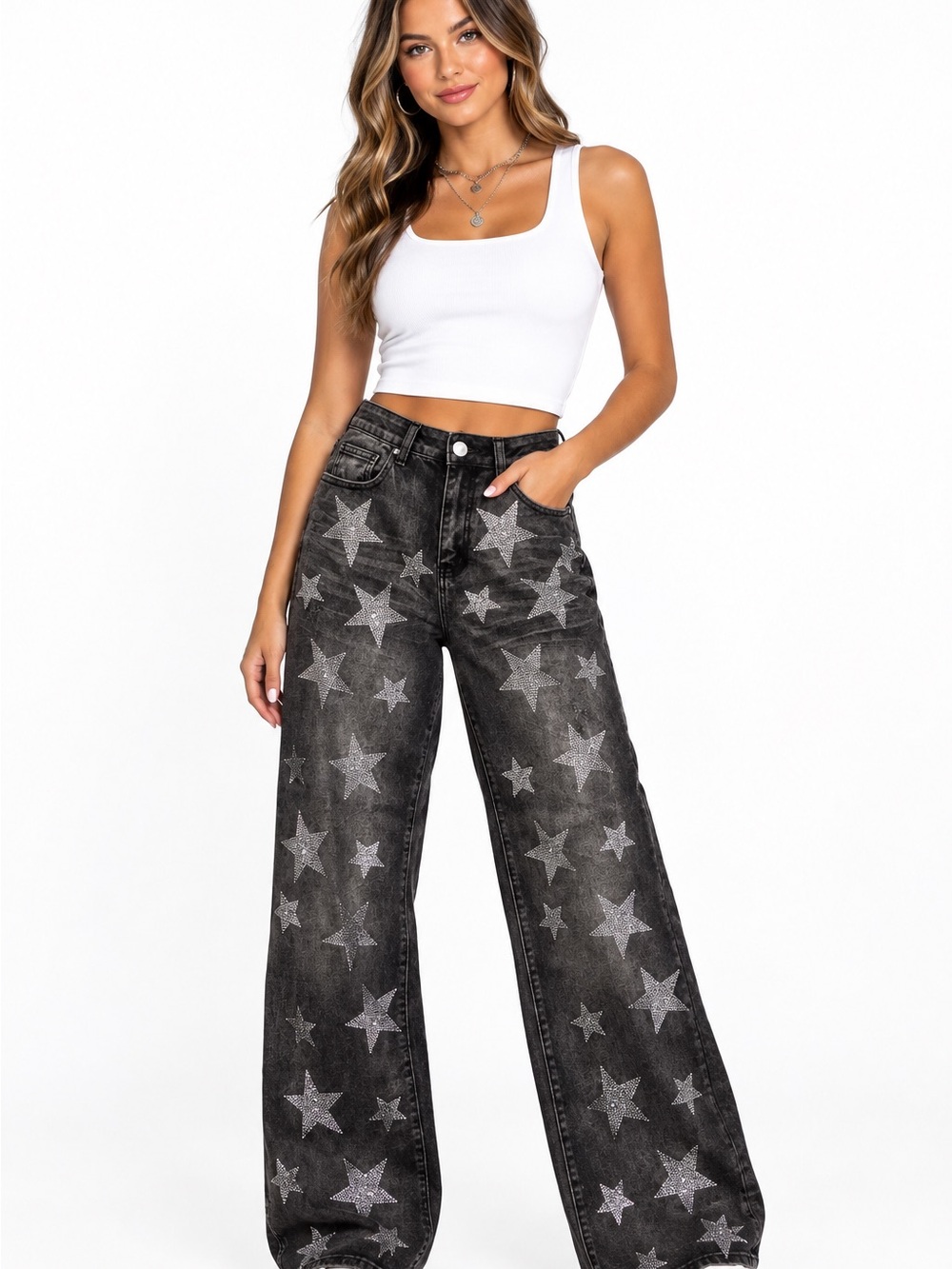 American Bazi Black RHINESTONE STAR Wide Leg Jeans.